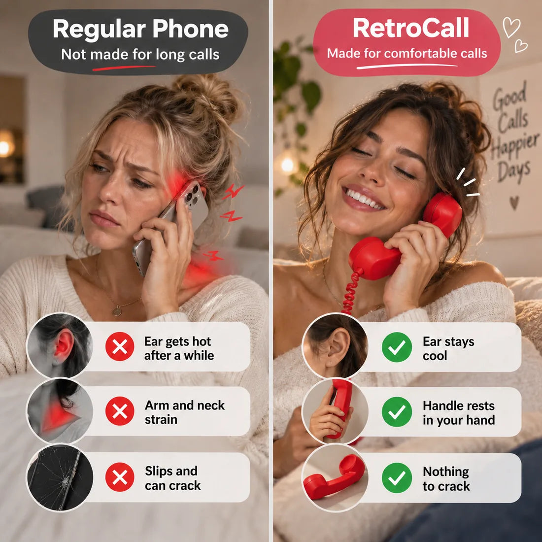 Side by side comparison of holding a bare phone versus the RetroCall handset