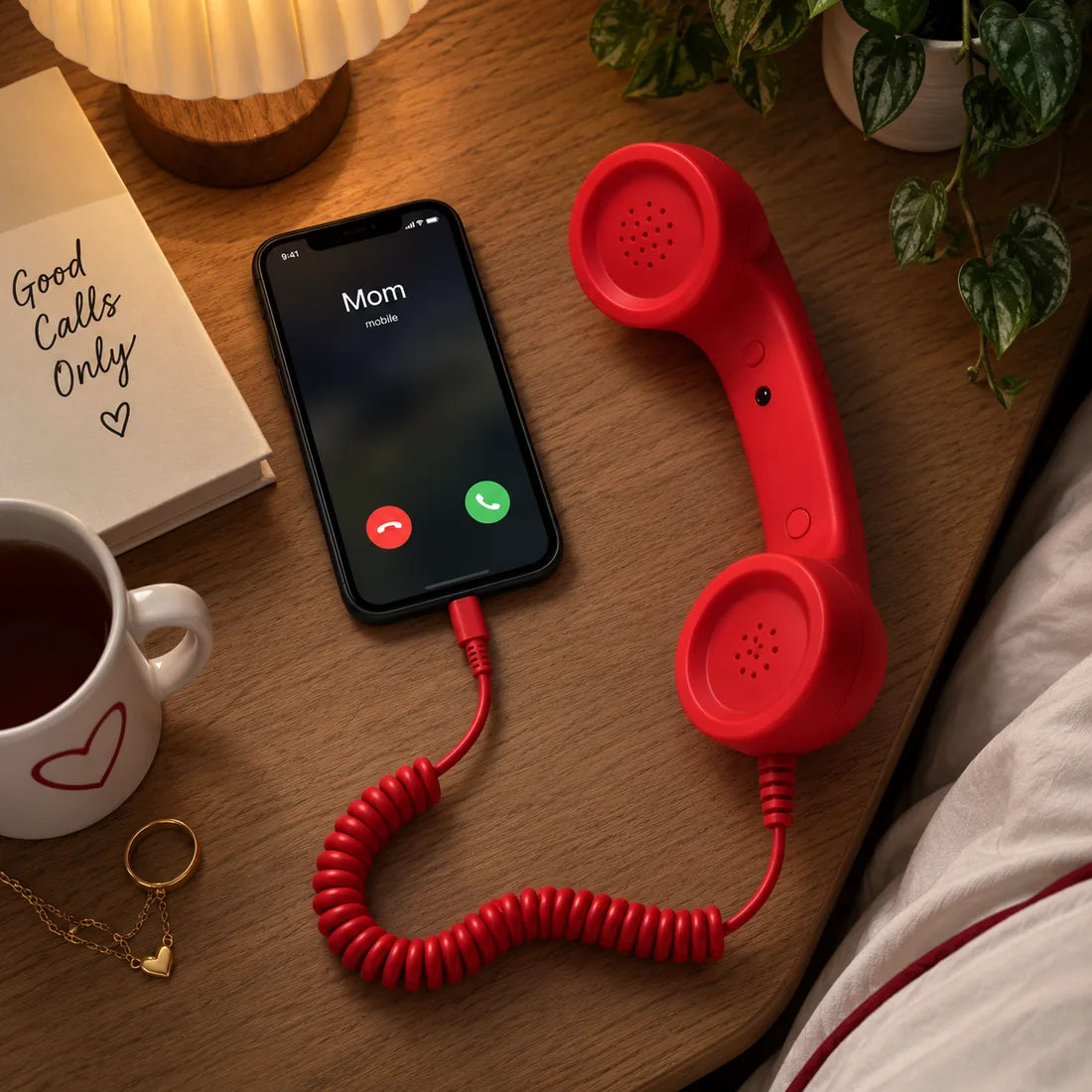 RetroCall handset in red resting on a wooden nightstand