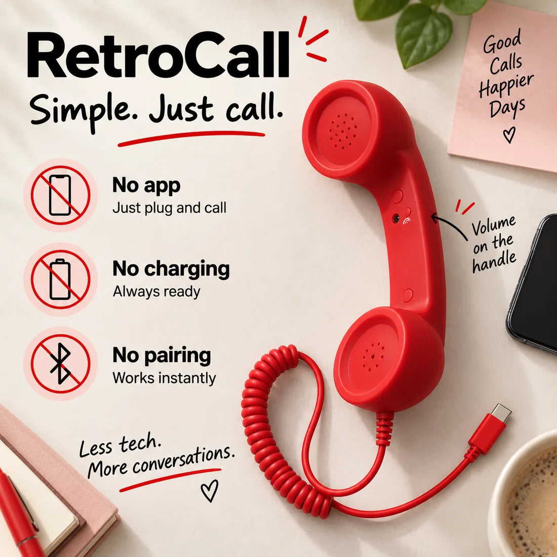 RetroCall handset with coiled cord laid flat